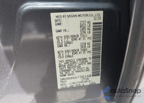 2020 Nissan Frontier Sv 4X4 from USA, damaged, VIN 1N6ED0EB4LN726548